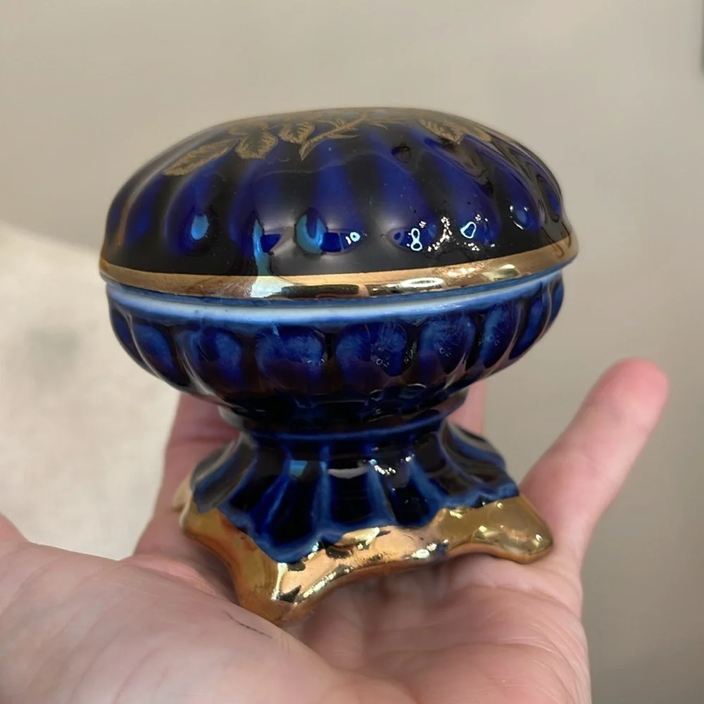 Vintage Cobalt Blue & Gold Footed Trinket Box